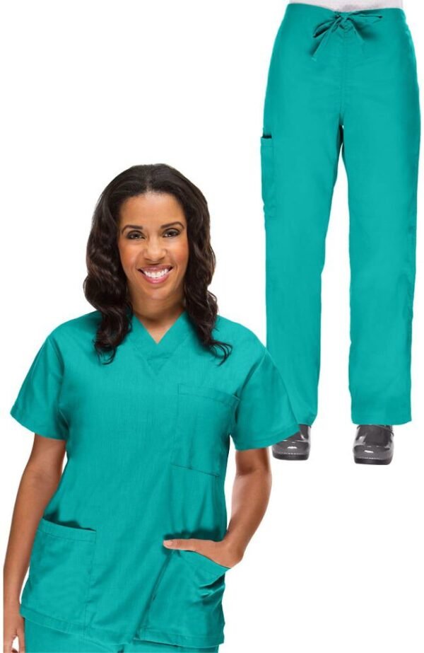 Conjunto médico para mujer: Blusa con cuello en V y pantalón con cordón